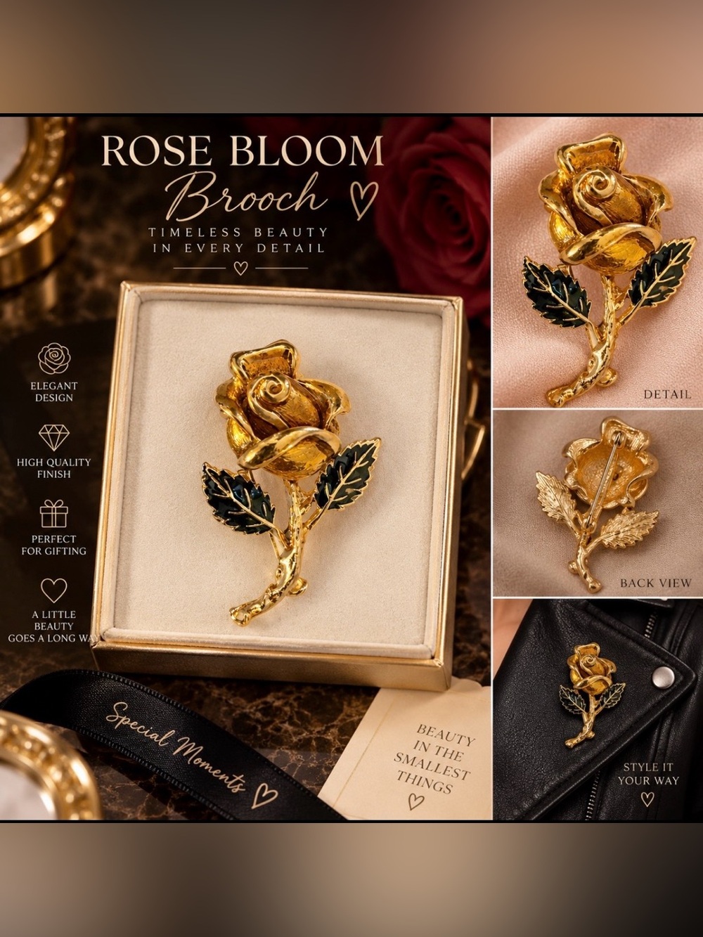 Rose Bloom Gold and Black Enamel Floral Brooch - Elegant Women’s Jewelry